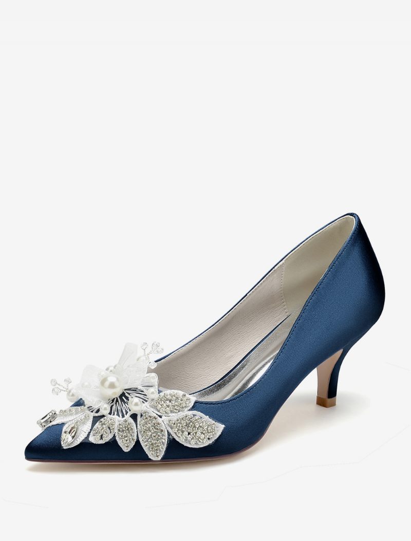 Chaussures Mariage Pour Femmes Escarpins Mariée Satin Bout Pointu - Bleu Profond