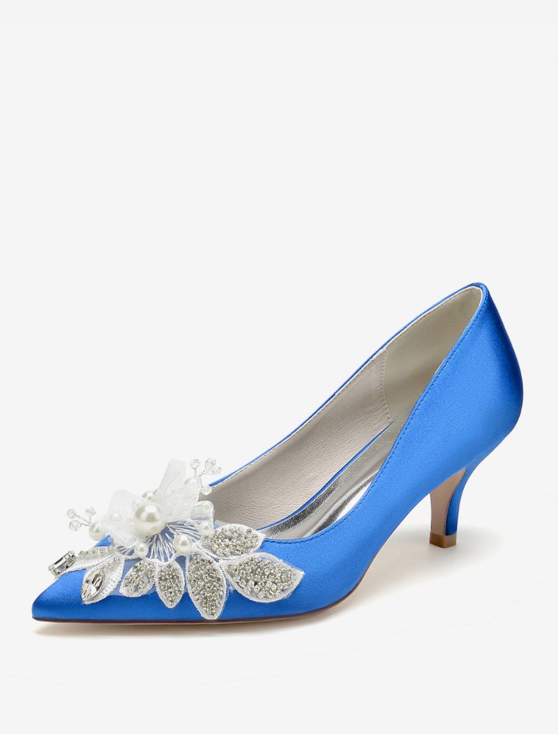 Chaussures Mariage Pour Femmes Escarpins Mariée Satin Bout Pointu - Bleu Royal