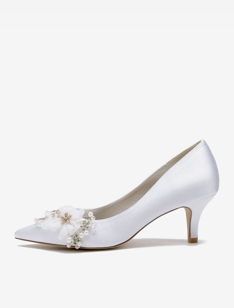 Chaussures Mariage Pour Femmes Escarpins Mariée Satin Bout Pointu - Blanc