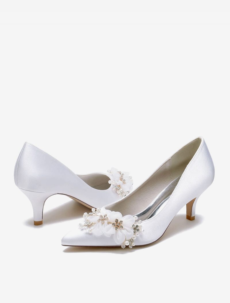 Chaussures Mariage Pour Femmes Escarpins Mariée Satin Bout Pointu - Blanc