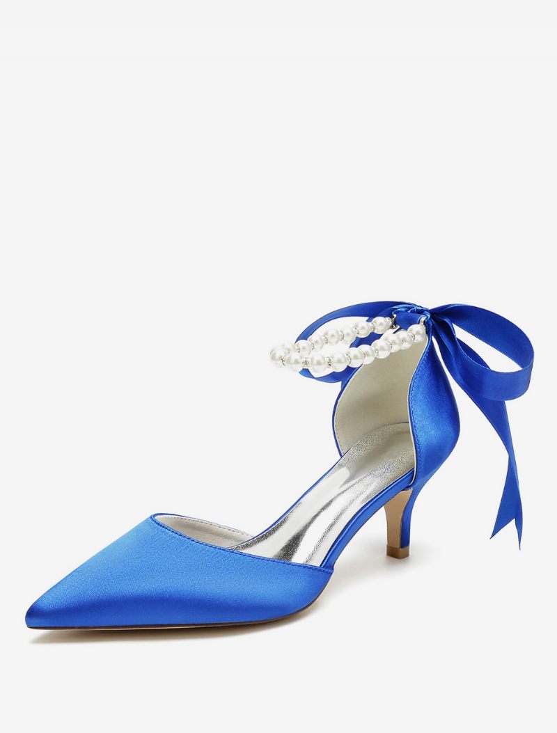 Chaussures Mariage Pour Femmes Escarpins Mariée Satin Bout Pointu Perles - Bleu Royal