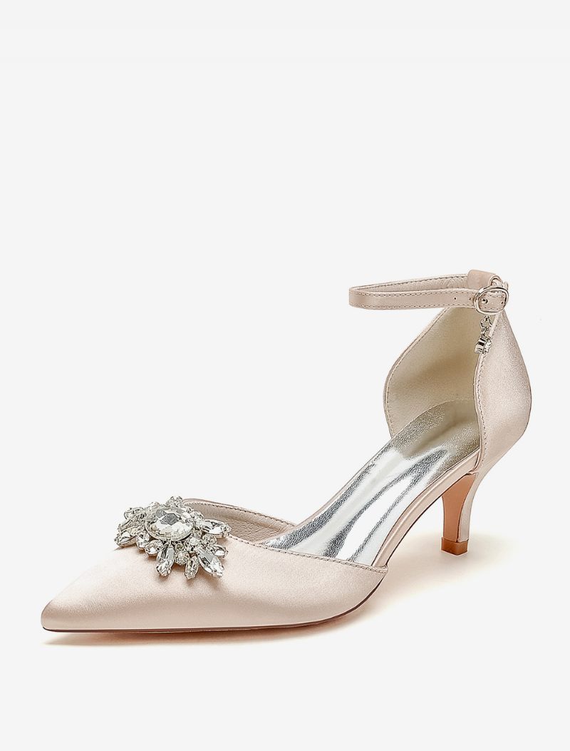 Chaussures Mariage Pour Femmes Escarpins Mariée Satin Bout Pointu Strass - Champagne