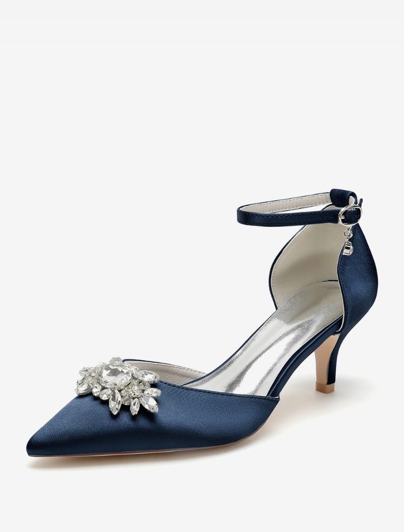 Chaussures Mariage Pour Femmes Escarpins Mariée Satin Bout Pointu Strass - Bleu Profond