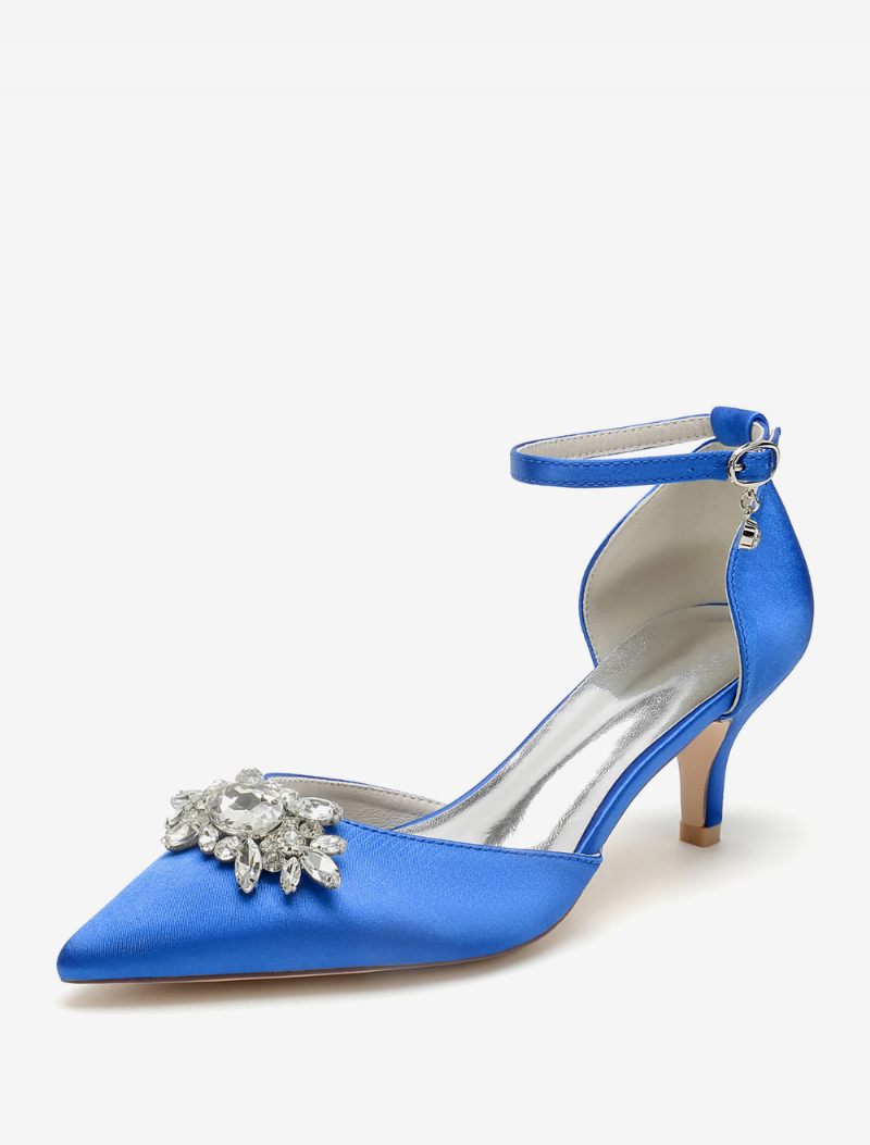 Chaussures Mariage Pour Femmes Escarpins Mariée Satin Bout Pointu Strass - Bleu Royal