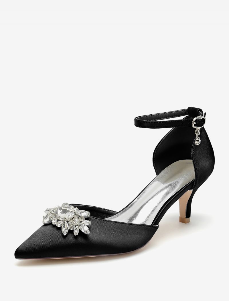 Chaussures Mariage Pour Femmes Escarpins Mariée Satin Bout Pointu Strass - Noir