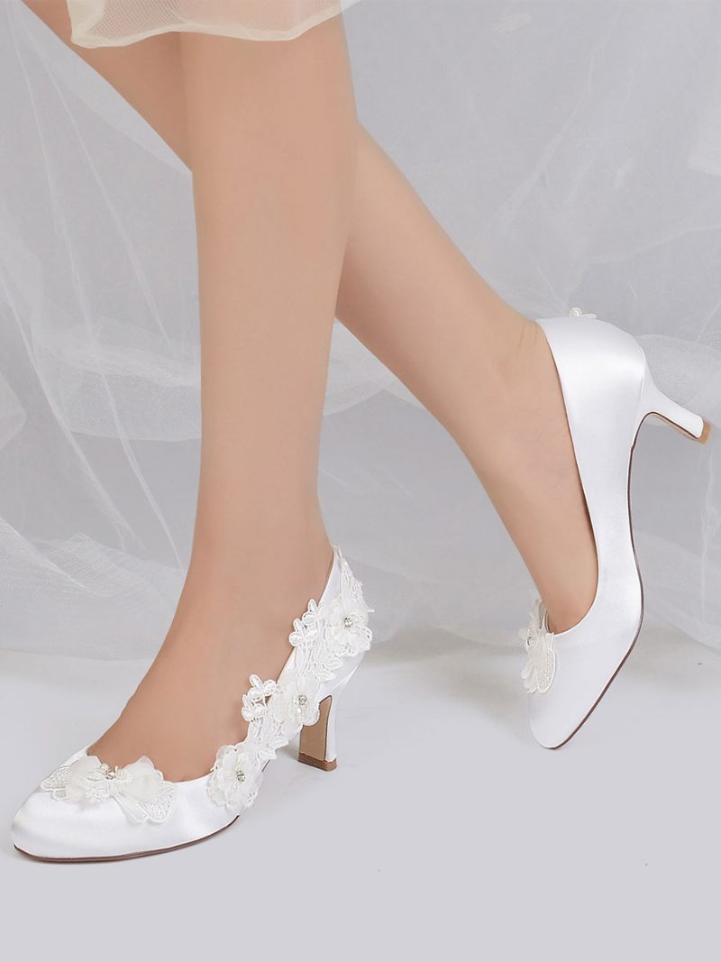 Chaussures Mariage Pour Femmes Escarpins Mariée Satin Bout Rond - Blanc