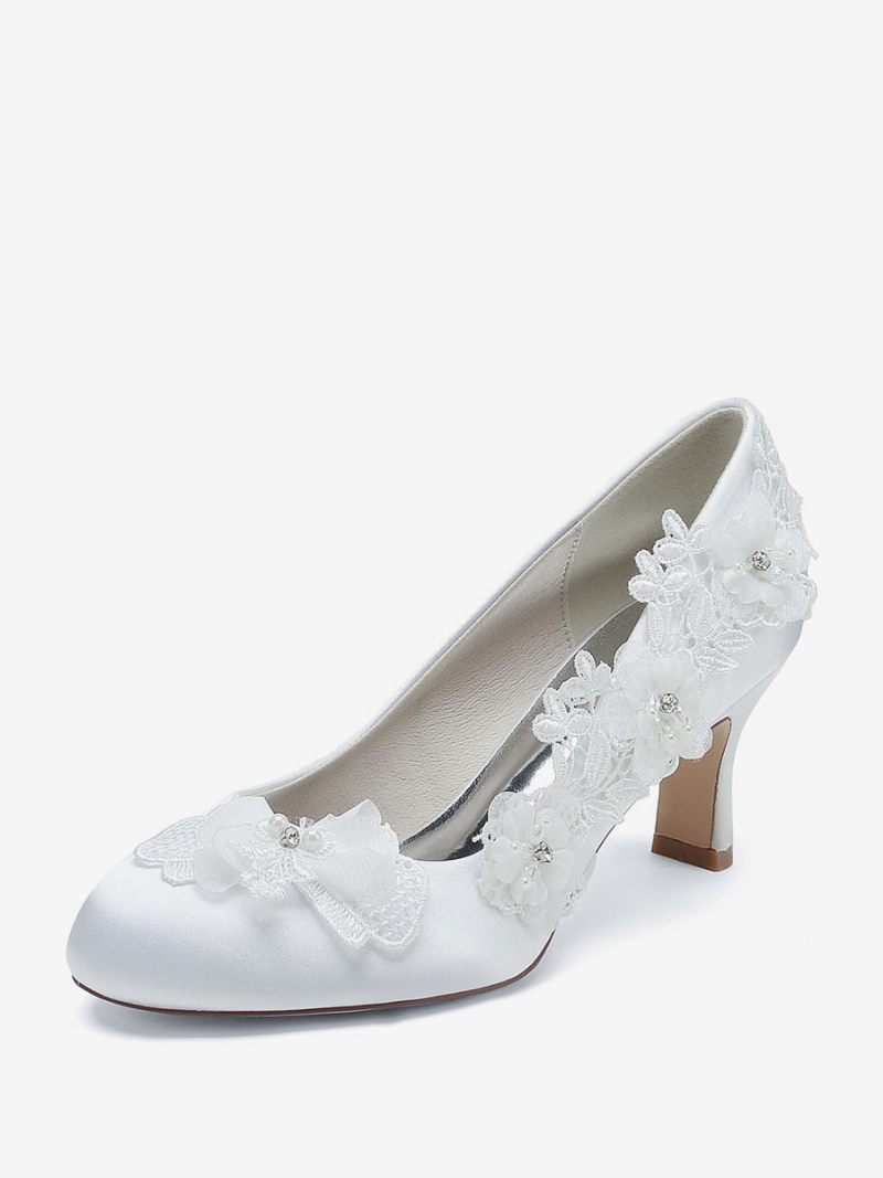 Chaussures Mariage Pour Femmes Escarpins Mariée Satin Bout Rond - Blanc