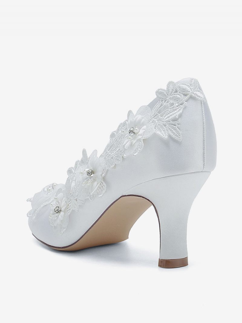 Chaussures Mariage Pour Femmes Escarpins Mariée Satin Bout Rond - Blanc