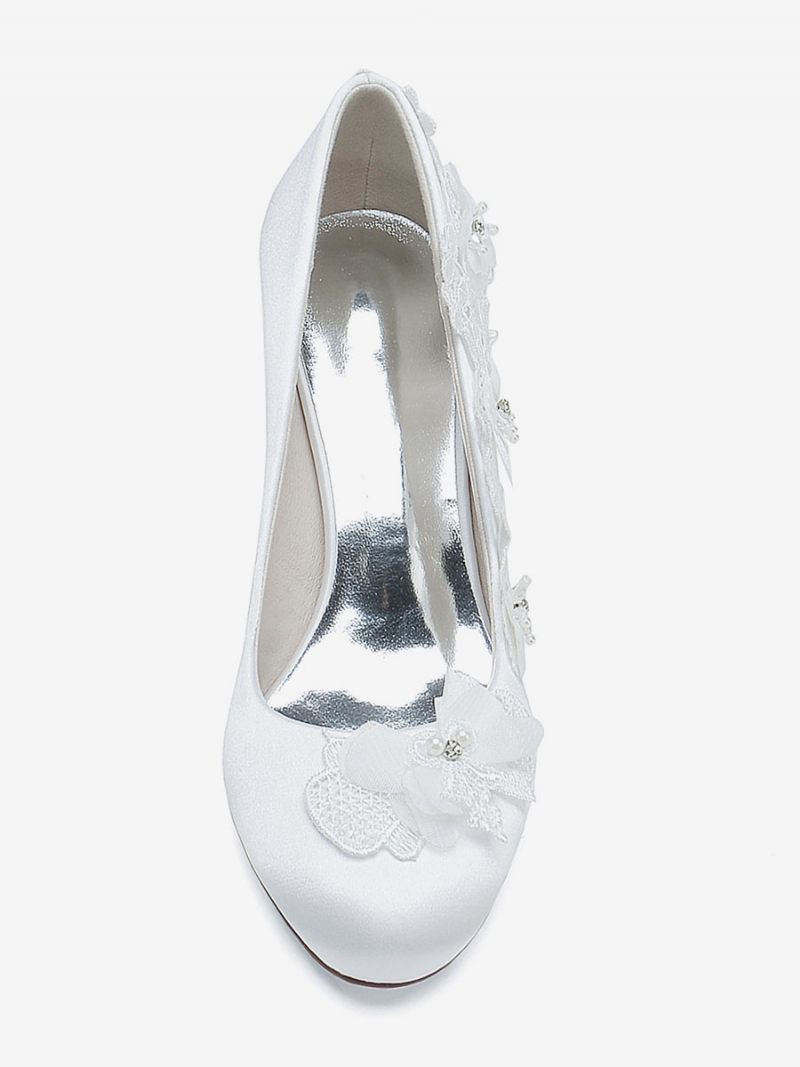 Chaussures Mariage Pour Femmes Escarpins Mariée Satin Bout Rond - Blanc