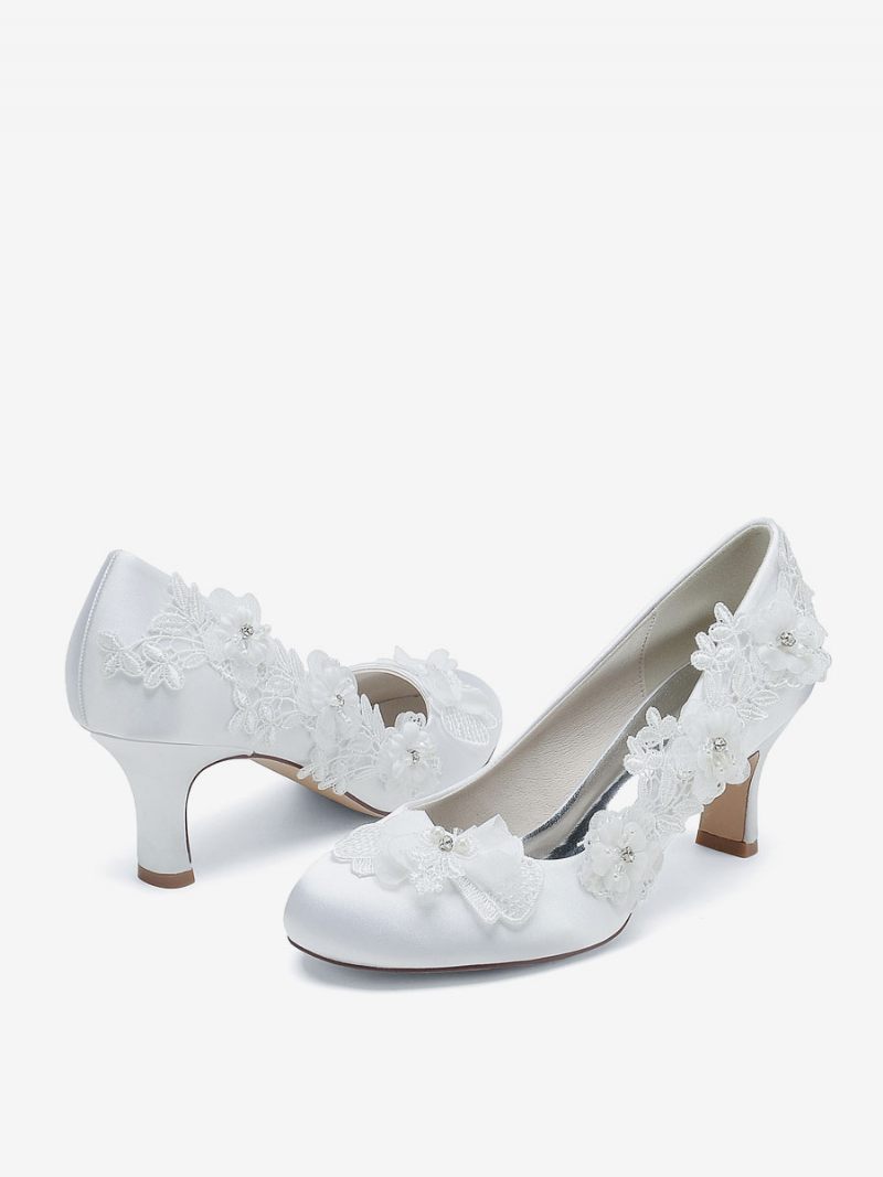 Chaussures Mariage Pour Femmes Escarpins Mariée Satin Bout Rond - Blanc