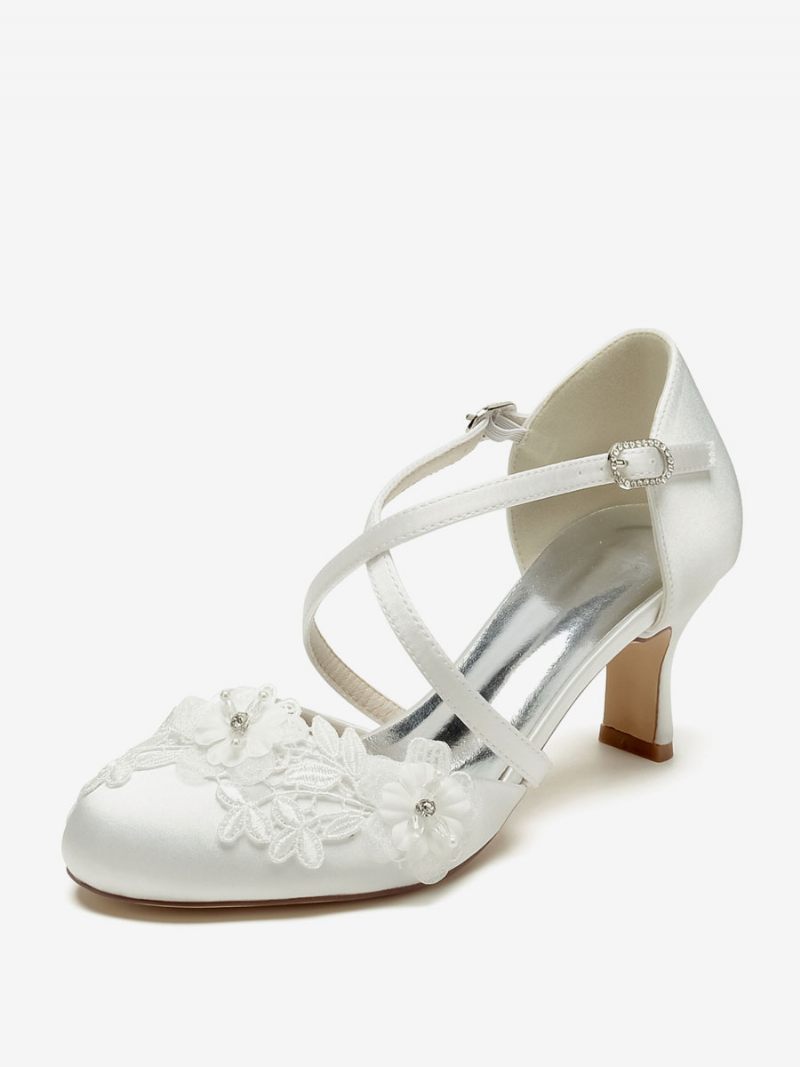 Chaussures Mariage Pour Femmes Escarpins Mariée Satin Bout Rond - Ivoire