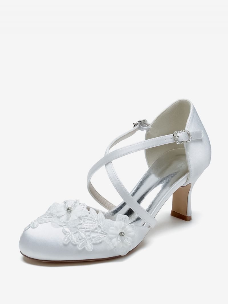 Chaussures Mariage Pour Femmes Escarpins Mariée Satin Bout Rond - Blanc