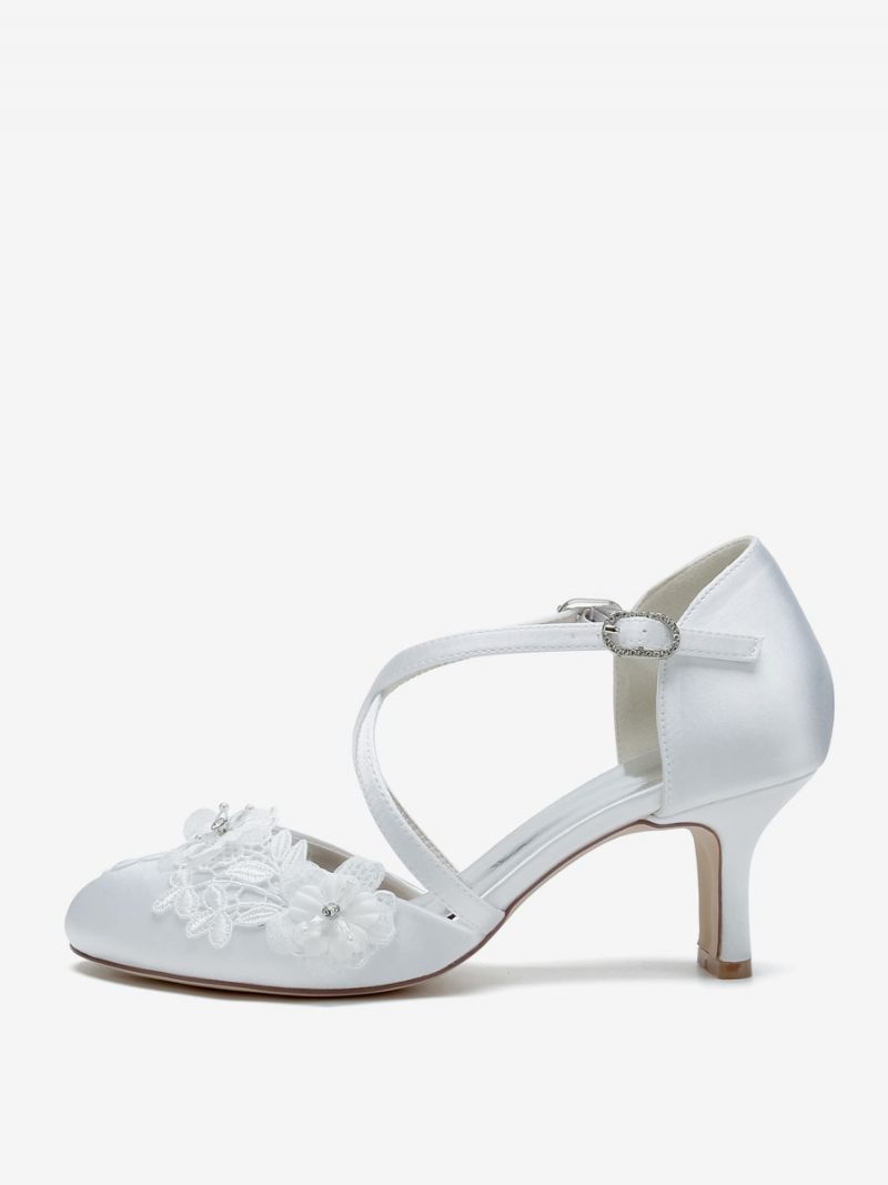 Chaussures Mariage Pour Femmes Escarpins Mariée Satin Bout Rond - Blanc