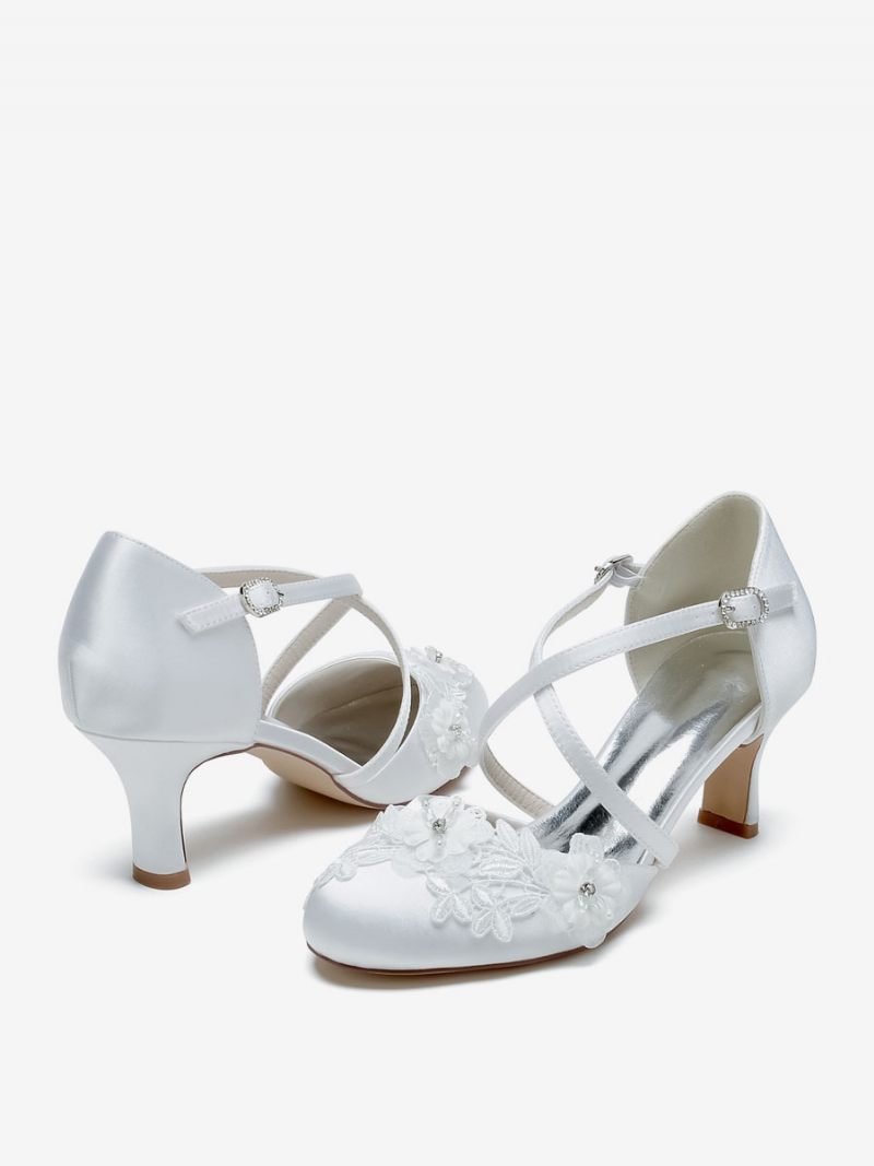 Chaussures Mariage Pour Femmes Escarpins Mariée Satin Bout Rond - Blanc