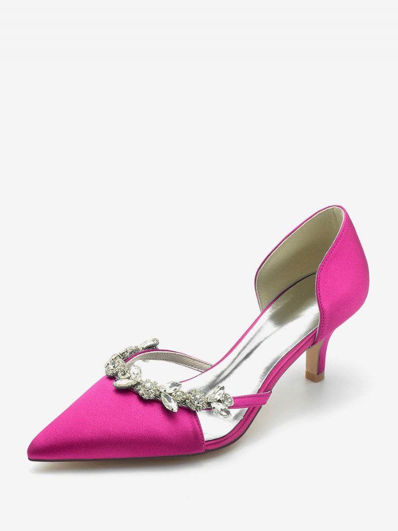 Chaussures Mariage Pour Femmes Escarpins Mariée Soie Et Satin Bout Pointu Avec Strass À Enfiler Talons Chaton - Rose