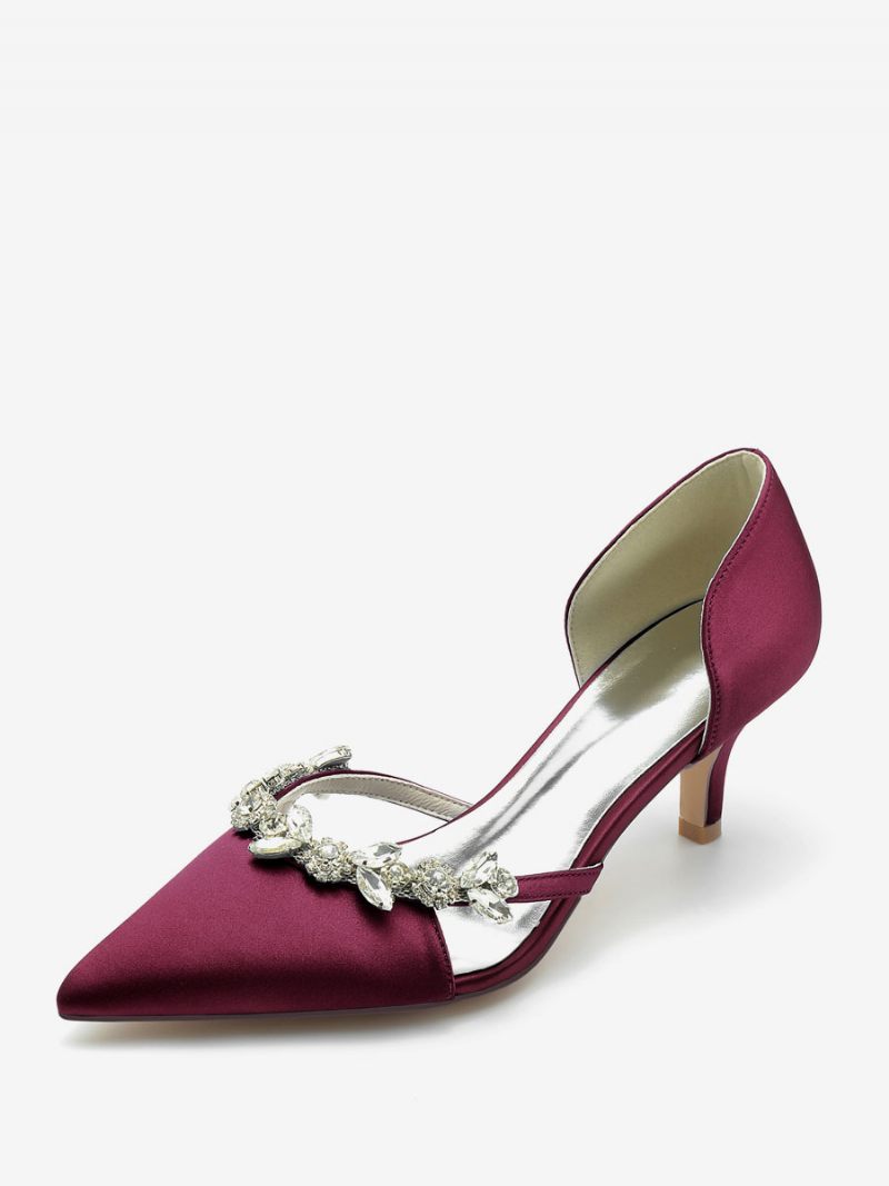 Chaussures Mariage Pour Femmes Escarpins Mariée Soie Et Satin Bout Pointu Avec Strass À Enfiler Talons Chaton - Bourgogne