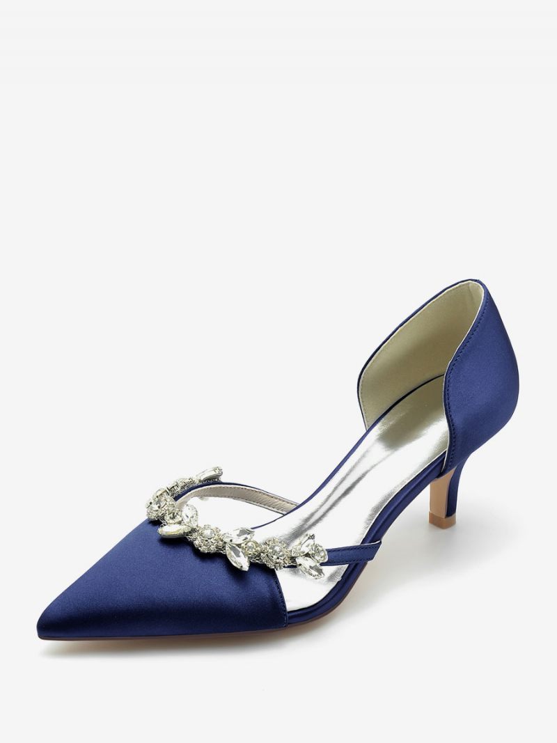 Chaussures Mariage Pour Femmes Escarpins Mariée Soie Et Satin Bout Pointu Avec Strass À Enfiler Talons Chaton - Bleu Profond