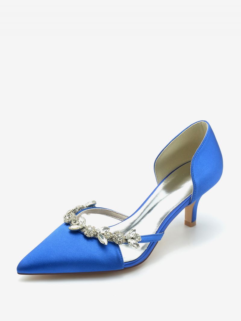 Chaussures Mariage Pour Femmes Escarpins Mariée Soie Et Satin Bout Pointu Avec Strass À Enfiler Talons Chaton - Bleu Royal