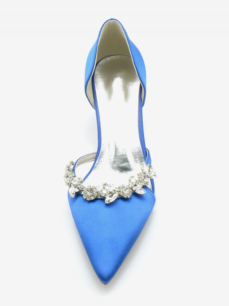 Chaussures Mariage Pour Femmes Escarpins Mariée Soie Et Satin Bout Pointu Avec Strass À Enfiler Talons Chaton - Bleu Royal