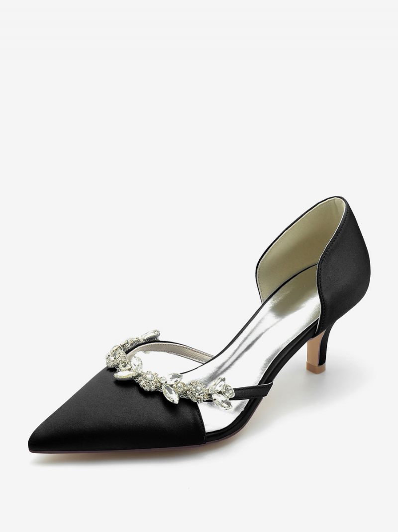 Chaussures Mariage Pour Femmes Escarpins Mariée Soie Et Satin Bout Pointu Avec Strass À Enfiler Talons Chaton - Noir