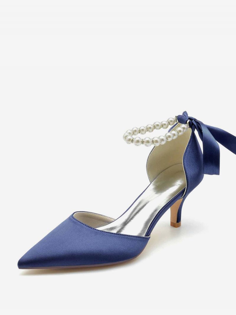 Chaussures Mariage Pour Femmes Escarpins Mariée Soie Et Satin Bout Pointu Perles - Bleu Profond