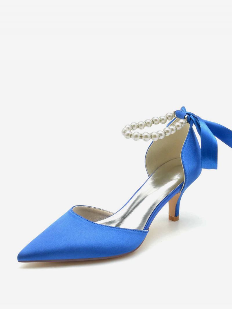 Chaussures Mariage Pour Femmes Escarpins Mariée Soie Et Satin Bout Pointu Perles - Bleu Royal