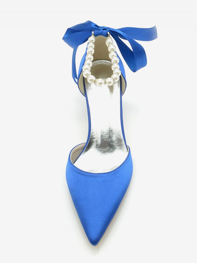 Chaussures Mariage Pour Femmes Escarpins Mariée Soie Et Satin Bout Pointu Perles - Bleu Royal