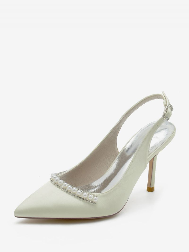 Chaussures Mariage Pour Femmes Escarpins Mariée Soie Et Satin Bout Pointu Perles - Ivoire