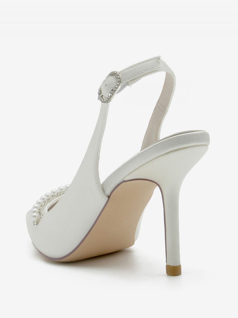 Chaussures Mariage Pour Femmes Escarpins Mariée Soie Et Satin Bout Pointu Perles - Blanc