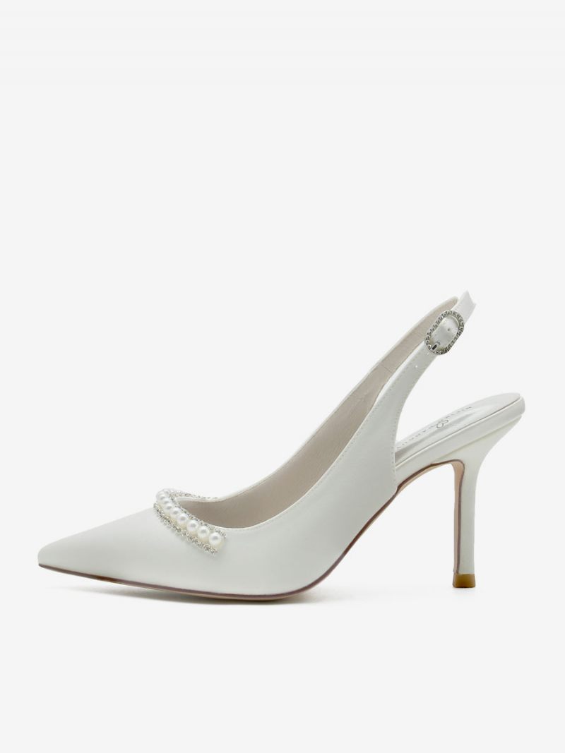 Chaussures Mariage Pour Femmes Escarpins Mariée Soie Et Satin Bout Pointu Perles - Blanc