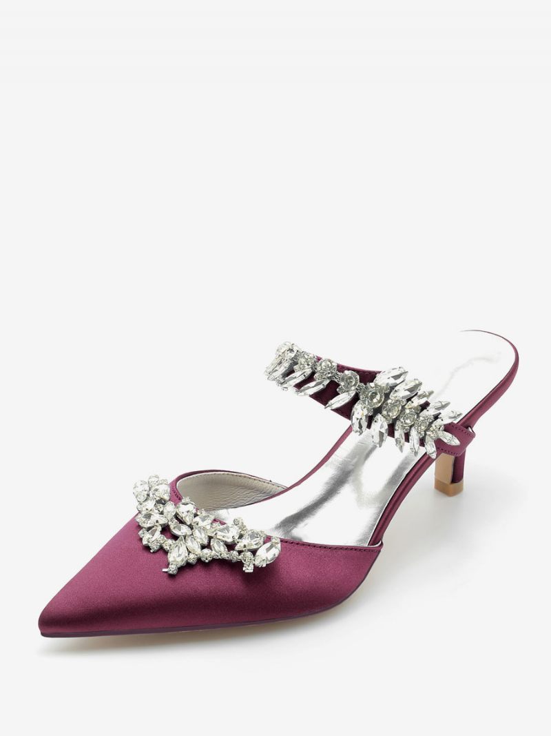 Chaussures Mariage Pour Femmes Escarpins Mariée Soie Et Satin Bout Pointu Strass - Bourgogne