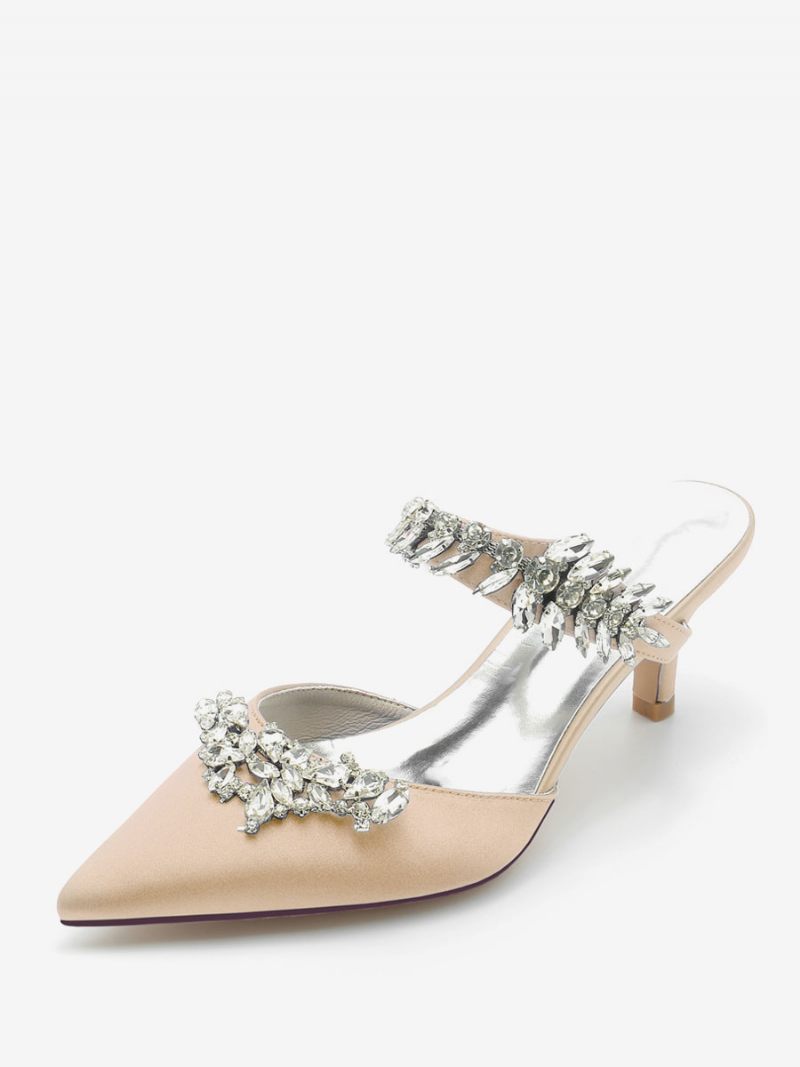 Chaussures Mariage Pour Femmes Escarpins Mariée Soie Et Satin Bout Pointu Strass - Champagne