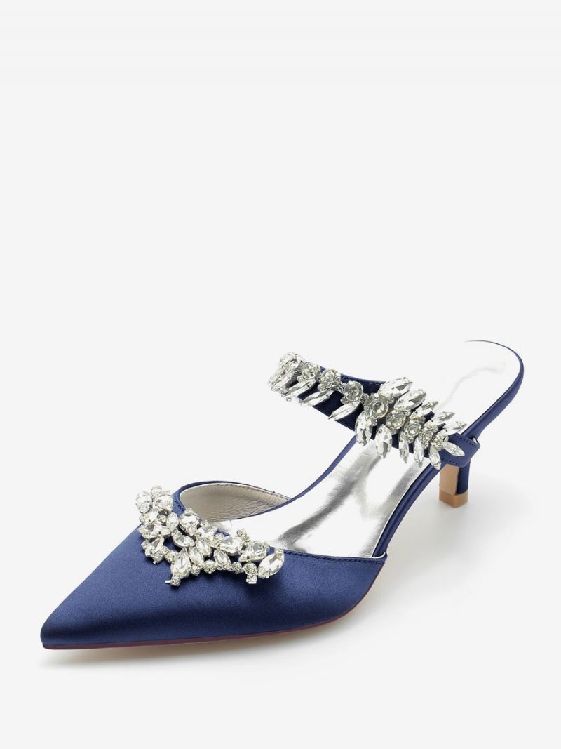 Chaussures Mariage Pour Femmes Escarpins Mariée Soie Et Satin Bout Pointu Strass - Bleu Profond