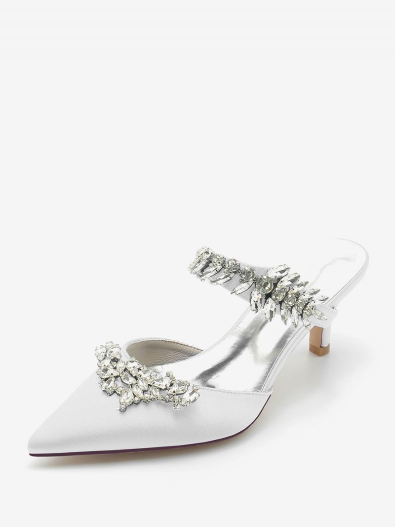 Chaussures Mariage Pour Femmes Escarpins Mariée Soie Et Satin Bout Pointu Strass - Blanc