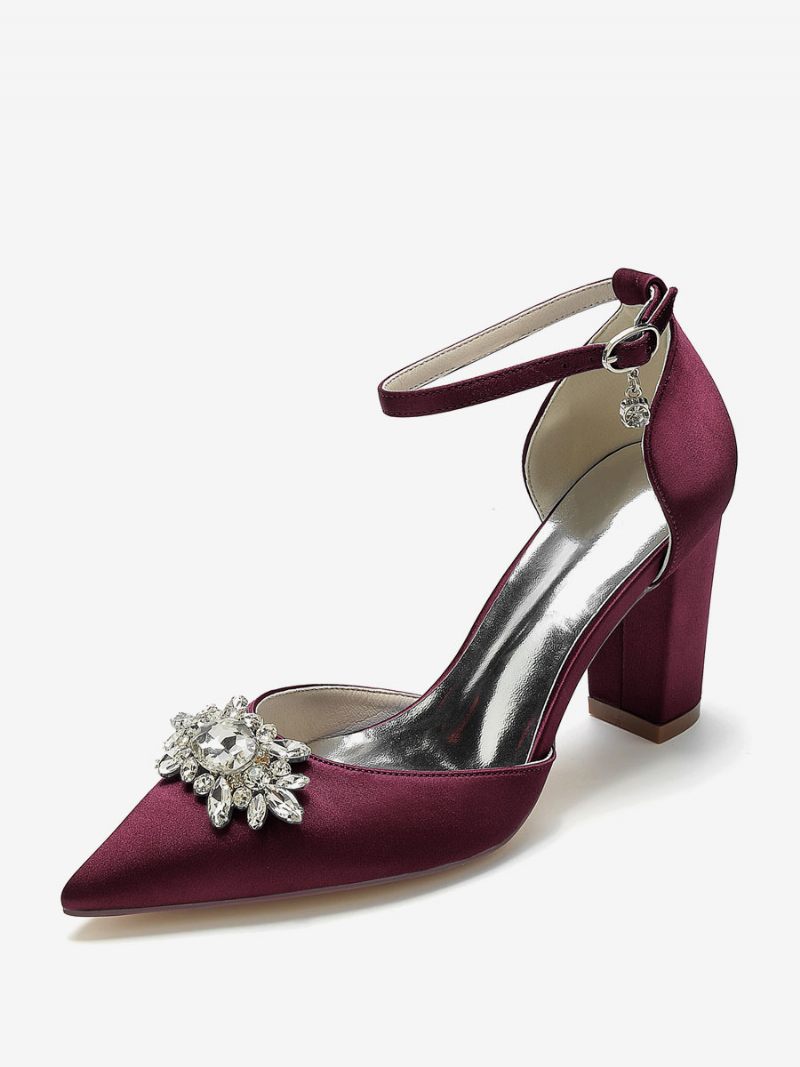 Chaussures Mariage Pour Femmes Escarpins Mariée Soie Et Satin Bout Pointu Strass - Bourgogne