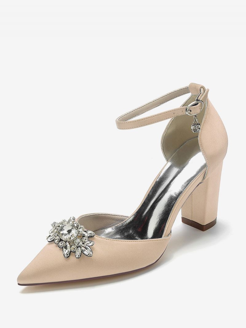 Chaussures Mariage Pour Femmes Escarpins Mariée Soie Et Satin Bout Pointu Strass - Champagne