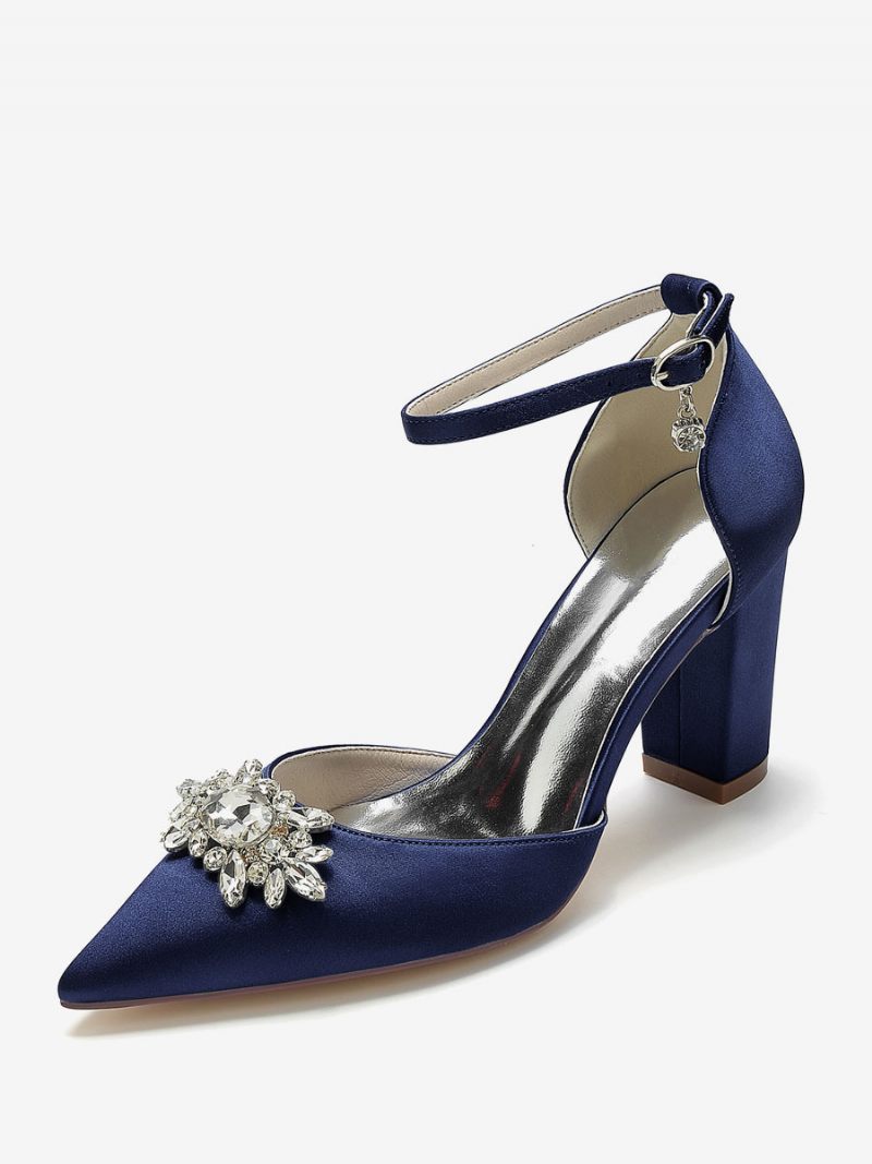 Chaussures Mariage Pour Femmes Escarpins Mariée Soie Et Satin Bout Pointu Strass - Bleu Profond