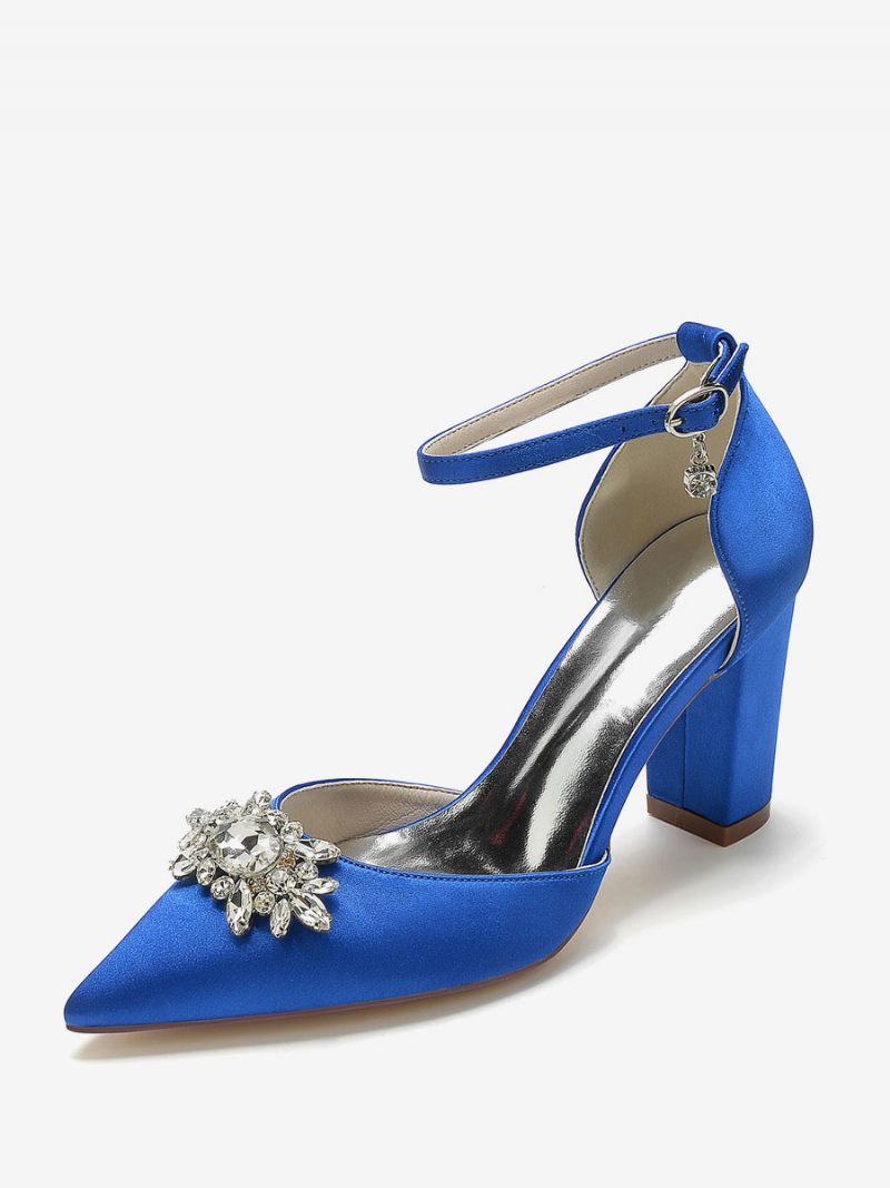 Chaussures Mariage Pour Femmes Escarpins Mariée Soie Et Satin Bout Pointu Strass - Bleu Royal