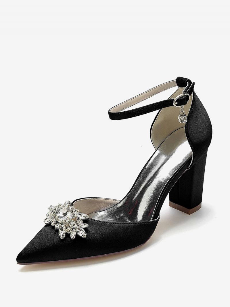 Chaussures Mariage Pour Femmes Escarpins Mariée Soie Et Satin Bout Pointu Strass - Noir