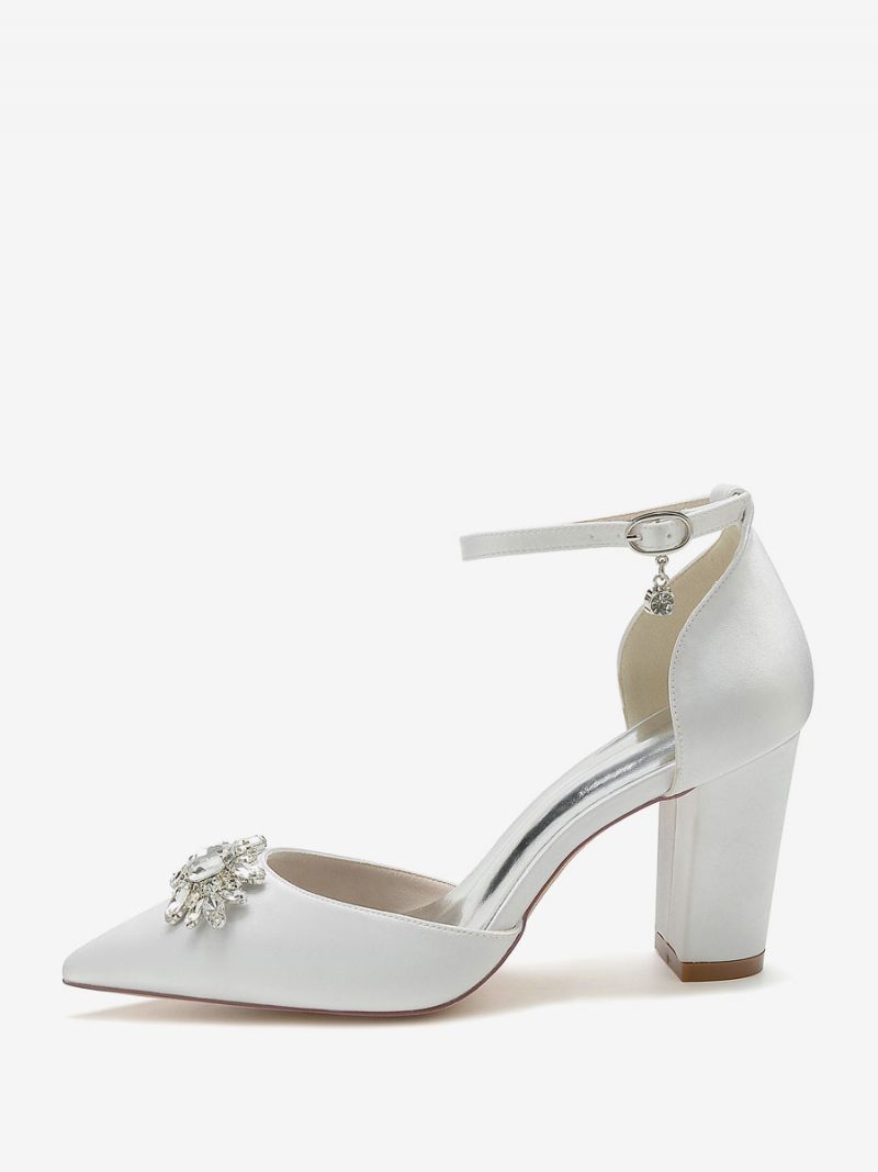 Chaussures Mariage Pour Femmes Escarpins Mariée Soie Et Satin Bout Pointu Strass - Blanc