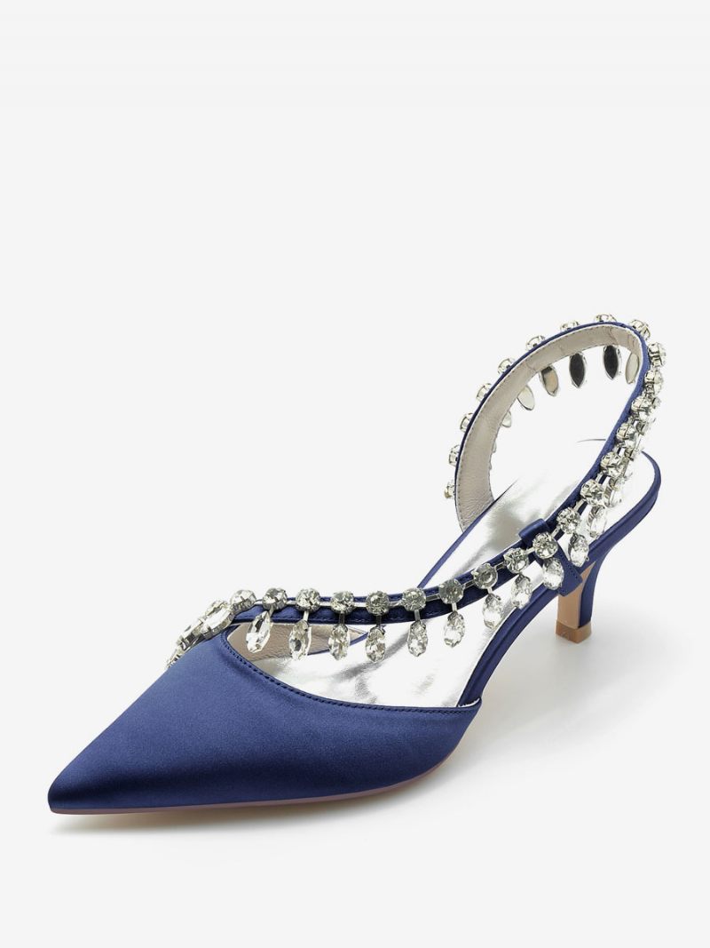 Chaussures Mariage Pour Femmes Escarpins Mariée Soie Et Satin Bout Pointu Strass - Bleu Profond