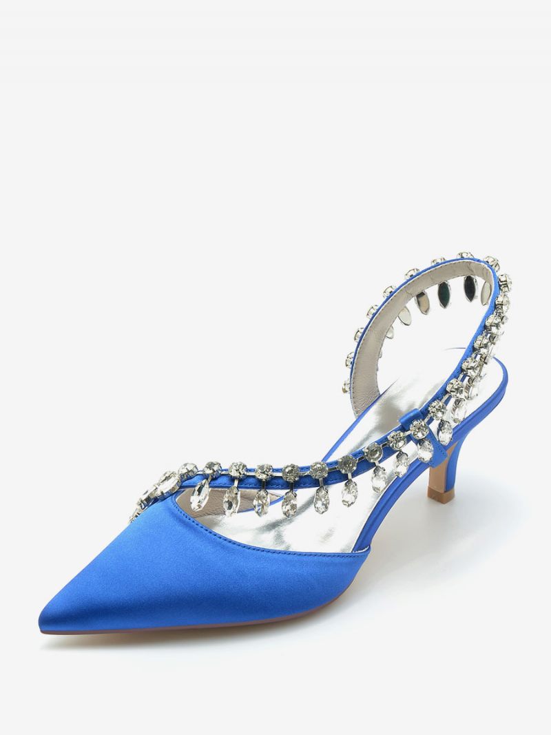 Chaussures Mariage Pour Femmes Escarpins Mariée Soie Et Satin Bout Pointu Strass - Bleu Royal