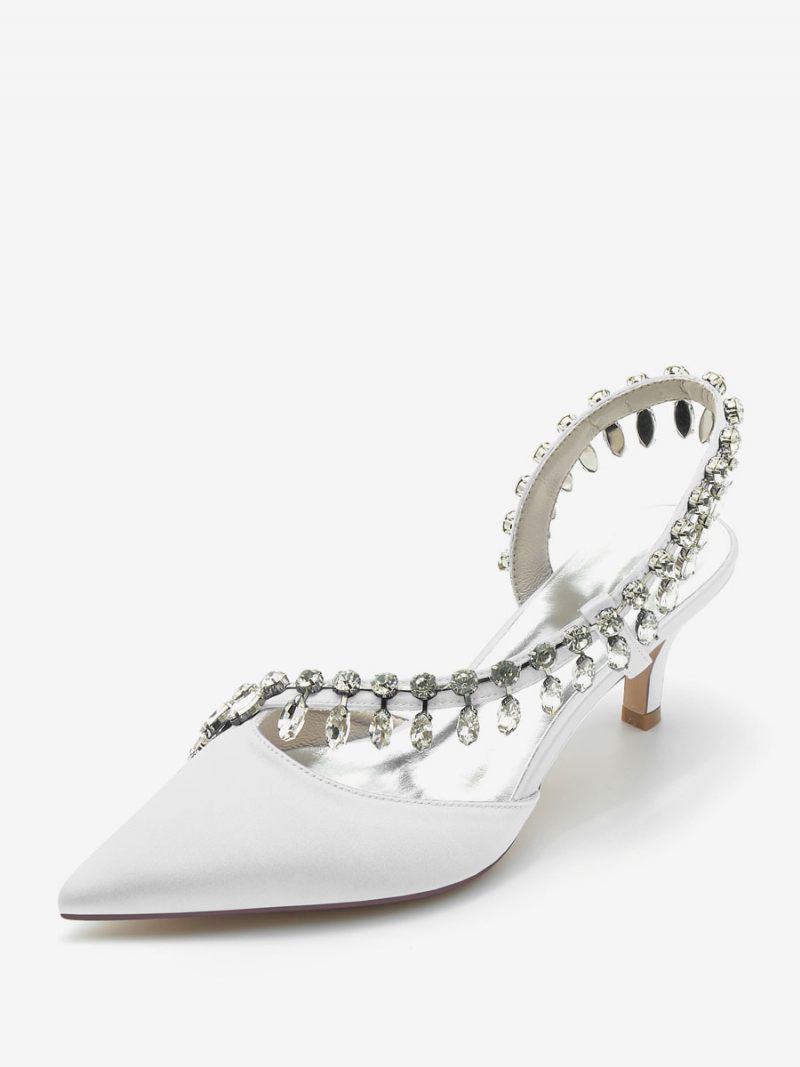 Chaussures Mariage Pour Femmes Escarpins Mariée Soie Et Satin Bout Pointu Strass - Blanc