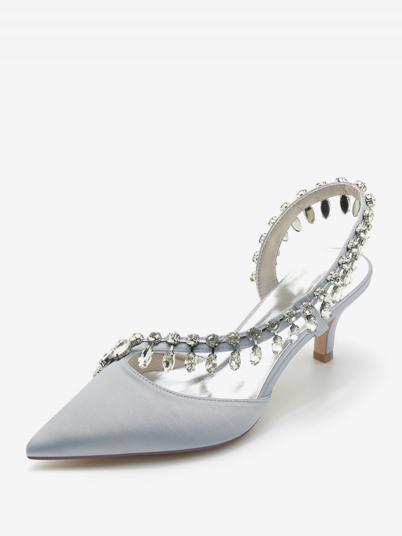 Chaussures Mariage Pour Femmes Escarpins Mariée Soie Et Satin Bout Pointu Strass - Argent