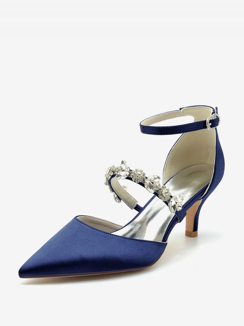 Chaussures Mariage Pour Femmes Escarpins Mariée Soie Et Satin Bout Pointu Strass - Bleu Profond