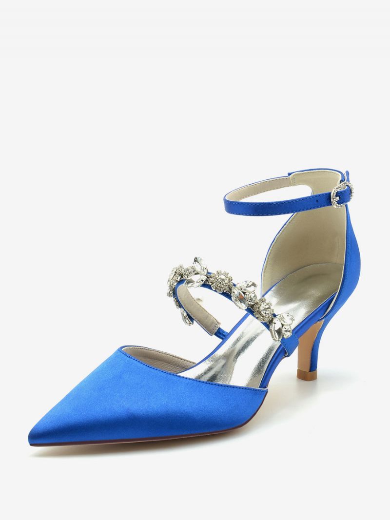 Chaussures Mariage Pour Femmes Escarpins Mariée Soie Et Satin Bout Pointu Strass - Bleu Royal