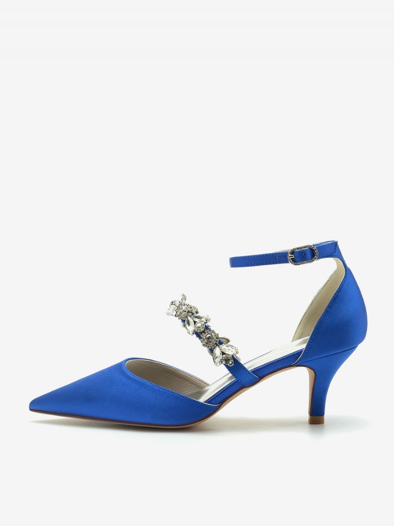 Chaussures Mariage Pour Femmes Escarpins Mariée Soie Et Satin Bout Pointu Strass - Bleu Royal