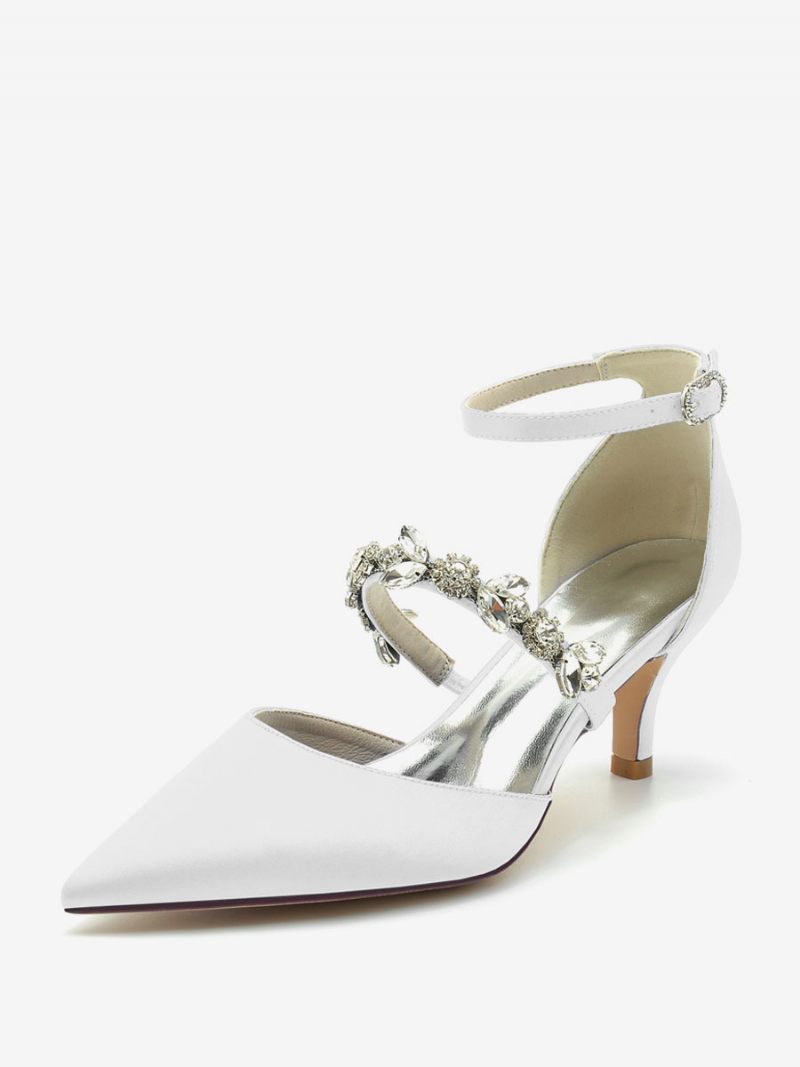 Chaussures Mariage Pour Femmes Escarpins Mariée Soie Et Satin Bout Pointu Strass - Blanc