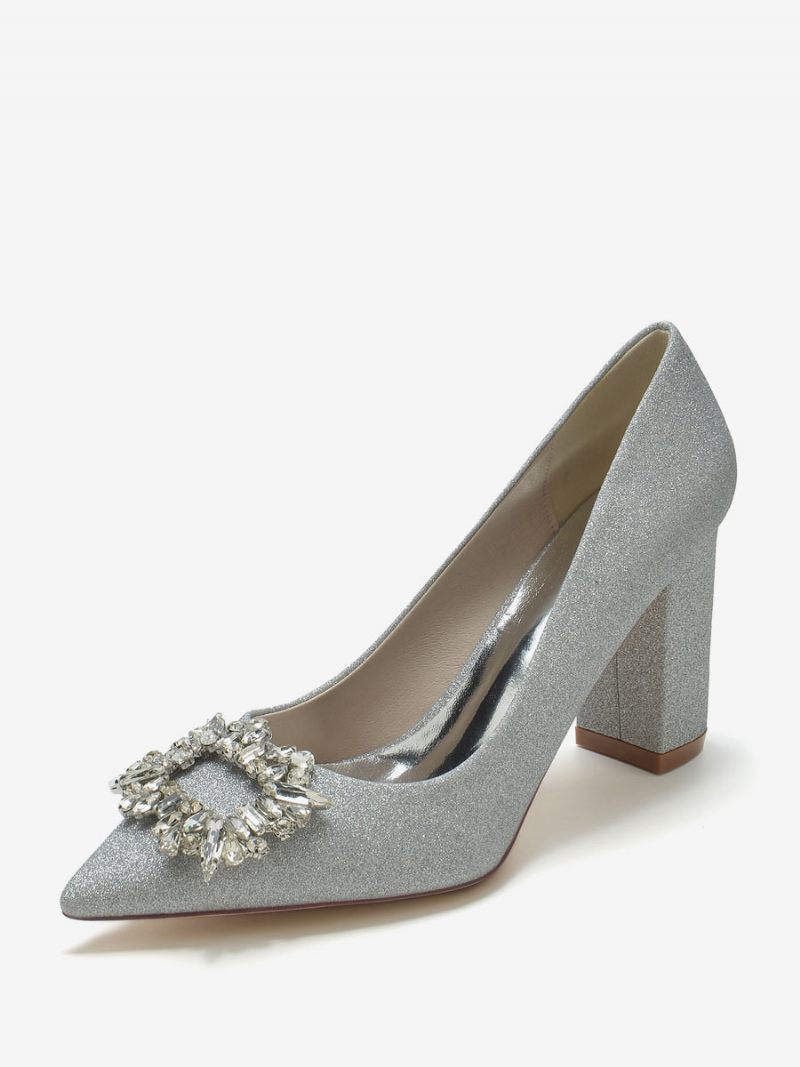 Chaussures Mariage Pour Femmes Escarpins Mariée Tissu Pailleté Bout Pointu Strass - Argent