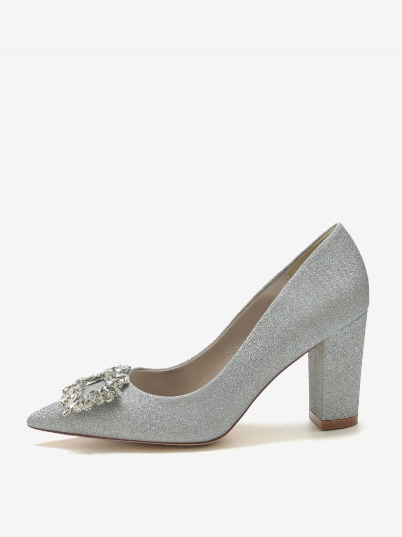 Chaussures Mariage Pour Femmes Escarpins Mariée Tissu Pailleté Bout Pointu Strass - Argent